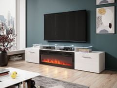Veneti TV stolek s elektrickým krbem OKEMIA - bílý / lesklý bílý + LED osvětlení ZDARMA