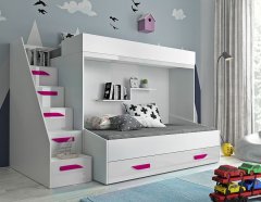 Veneti Dětská patrová postel s úložným prostorem Derry - bílá/růžové úchyty