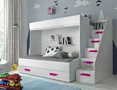Veneti Dětská patrová postel s úložným prostorem Derry - bílá/růžové úchyty