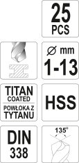 YATO Sada vrtáků do železa HSS-TiN 25ks 1-13mm