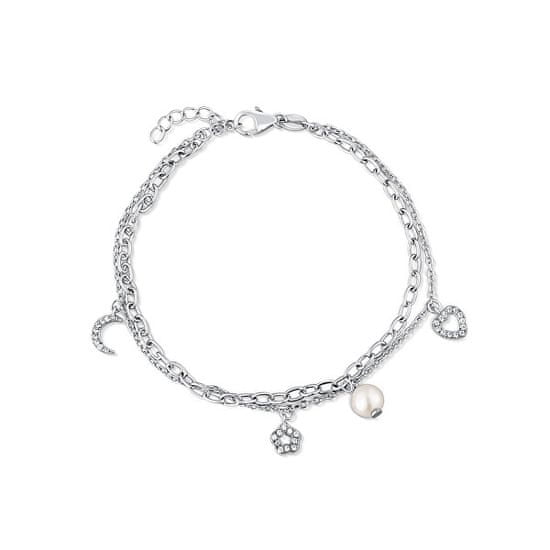 JwL Luxury Pearls Dvojitý stříbrný náramek s přívěsky a pravou perlou JL0802