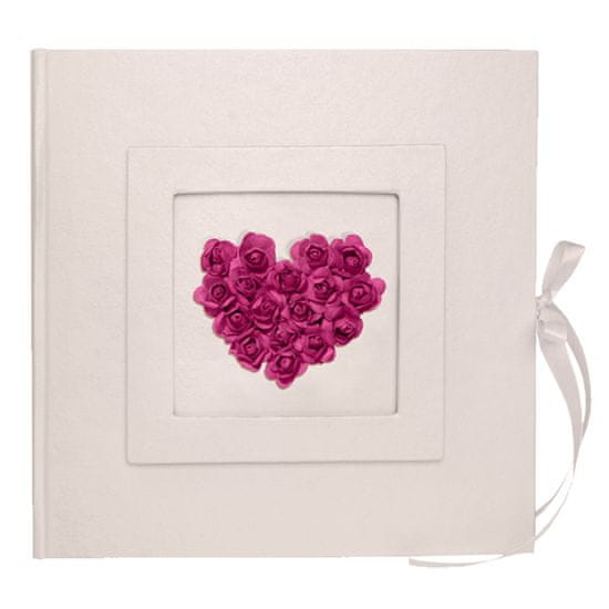PartyDeco Svatební kniha 20,5 x 20,5 cm - smetanová / růžové srdce (1ks)
