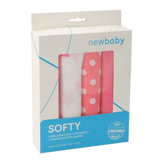 NEW BABY Látkové bavlněné pleny Softy s potiskem 70 x 70 cm 4 ks růžovo-bílé