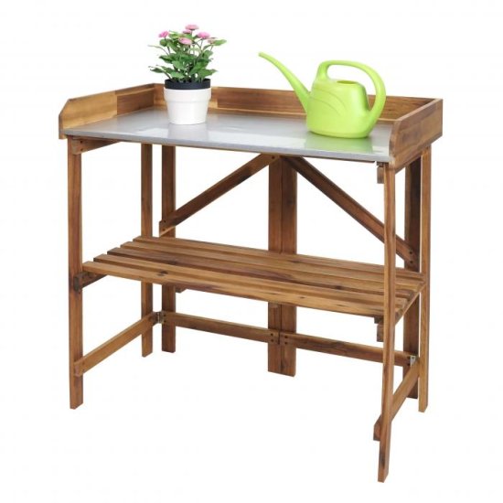 MCW Zahradnický stolek L18, zahradnický stolek na květiny, skládací venkovní stolek z akátového dřeva s certifikátem MVG, hnědý