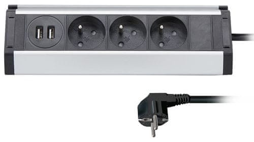 Levně Solight prodlužovací přívod, 3 zásuvky + 2× USB, 1,5m, 3× 1mm2, hliník, rohový design, PP104USB