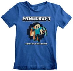 CurePink Dětské tričko Minecraft: Crafting Since Alpha (7-8 let) modrá bavlna