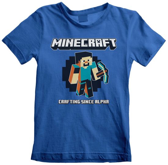 CurePink Dětské tričko Minecraft: Crafting Since Alpha (5-6 let) modrá bavlna
