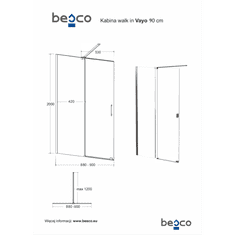 Besco Walk-in sprchový kout VAYO BLACK 200 cm Univerzální Levé / Pravé Čiré bezpečnostní sklo - 8 mm Černá 90 cm