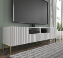 Homlando TV stolek WAVE 2D2S 200 cm frézovaná bílý mat na zlatých nohách