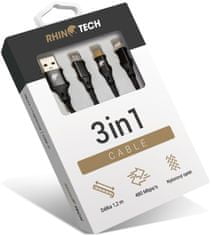 RhinoTech nabíjecí a datový kabel 3v1 USB-A - MicroUSB + Lightning + USB-C, 1.2m, černá