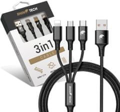 RhinoTech nabíjecí a datový kabel 3v1 USB-A - MicroUSB + Lightning + USB-C, 1.2m, černá