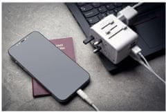 FIXED cestovní adaptér pro EU, UK a USA/AUS, 3xUSB-C, 2xUSB-A, GaN, PD 65W, bílá