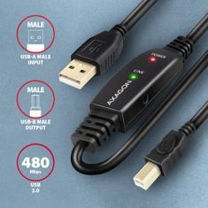 AXAGON ADR-215B USB2.0, A-M->B-M, aktivní prodlužka/repeater kabel 15m