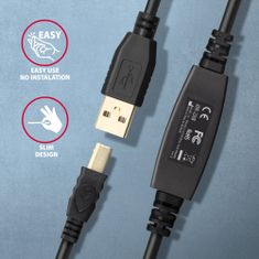 AXAGON ADR-220B USB2.0, A-M->B-M, aktivní prodlužka/repeater kabel 20m
