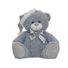 Mikro Trading Medvěd plyšový 25 cm šedý sedící s čepičkou a mašlí