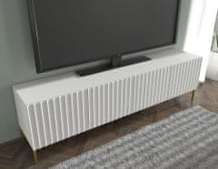 Homlando TV stolek WAVE 4D 200 cm frézovaná bílý mat na zlatých nohách