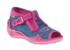 Befado dívčí sandálky PAPI 213P101 modré, růžový lem, srdíčka, velikost 18