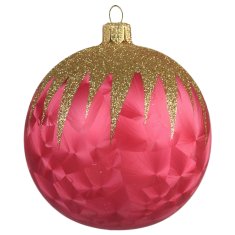 Decor By Glassor Vánoční skleněná koule v růžovém mrazolaku se zlatým dekorem