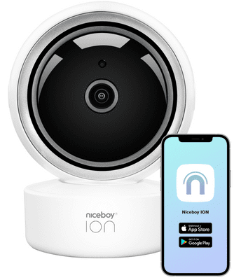Okos otthoni biztonsági kamera Niceboy ION Home Security Camera FullHD+ felbontás nagy teljesítményű kamera mozgásérzékelés hangérzékelés forgás éjjellátó erős kétirányú kommunikáció gyors wifi kapcsolat nagy felbontás nagy teljesítményű kamera okos wifi kapcsolat éjjellátó memóriakártya forgó mechanizmus biztonságos otthon otthoni kamera széles látószög Wi-Fi mobilalkalmazás társ mobilalkalmazás Google Assintant hangvezérlés