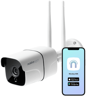 Okos kültéri biztonsági kamera Niceboy ION Outdoor Security Camera FullHD+ felbontás nagy teljesítményű kamera mozgásérzékelés forgás éjjellátó nagy teljesítményű kültéri kamera kétirányú kommunikáció gyors wifi kapcsolat nagy felbontású nagy teljesítményű kamera okos wifi kapcsolat éjjellátó memóriakártya biztonságos otthoni kamera széles látószög Wi-Fi mobilalkalmazás Google Assintant társ mobilalkalmazás hangvezérlés víz- és porálló IP66 védelemmel