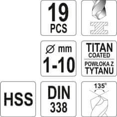 YATO Sada vrtáků do železa HSS-TiN 19ks 1-10mm