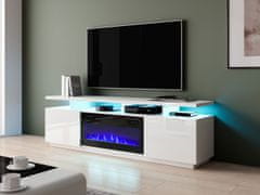 Veneti Televizní stolek s krbem a LED osvětlením SALTA - bílý / lesklý bílý / černý