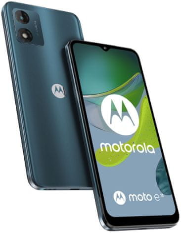 moderní mobilní dotykový telefon smartphone Motorola Moto E13 10W nabíjení 5000mah baterie dlouhá výdrž LTE připojení wifi Bluetooth Dual sim paměťová karta nfc 6,5palcový hd plus displej HD+ rozlišení 13 mpx fotoaparát ip52 google assistant přední kamera Dolby Atmos reproduktor s technologií Dolby Atmos výkonná GPS