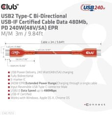 Club 3D kabel USB-C, USB-IF Certifikovaný 480Mb, PD 240W(48V/5A) EPR, obousměrný, 3m