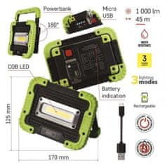 Emos COB LED nabíjecí pracovní reflektor P4533, 1000 lm, 4400 mAh, černo-zelená 1450000300