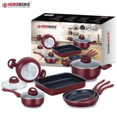 Herzberg HG-9016BR: Sada 10 kusů nádobí potaženého mramorem – vínová