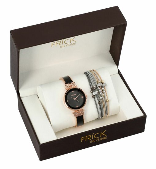 Skyline Dámská dárková sada černo-růžové hodinky s náramkem
