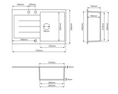 Lavello SET VERY BLACK: Granitový dřez Decoro 1.0 odkap vpravo + BATERIE + SIFON + IMPREGNACE