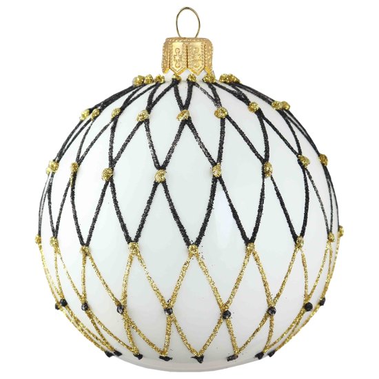 Decor By Glassor Vánoční koule bílá s černo-zlatou síťkou (Velikost: 6)