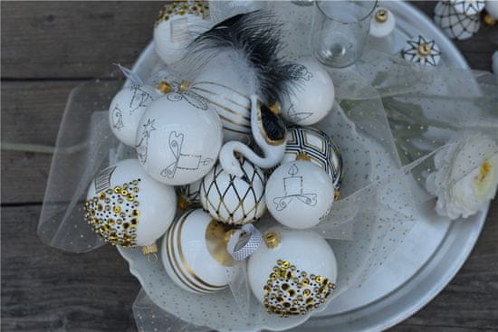 Decor By Glassor Vánoční koule bílá se zlatým korálkovým stromečkem (Velikost: 8)