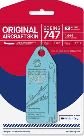 Aviationtag přívěsek ze skutečného letadla Boeing B747 Korean Air Lines - HL7473