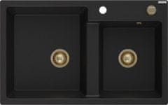 Mexen Tomas granitový dřez 2-bowl 800x500 mm, czarny, + zlatý sifon (6516802000-77-G)
