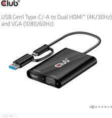 Club 3D adaptér USB Gen1 Type-C/-A to Dual HDMI (4K/30Hz) / VGA (1080/60Hz)