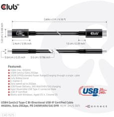 Club 3D kabel USB-C, Data 20Gbps, PD 240W(48V/5A) EPR, M/M, 2m