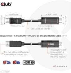 Club 3D kabel DP 1.4 na HDMI, 4K120Hz nebo 8K60Hz HDR10, M/M, 3m