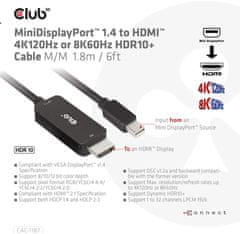 Club 3D kabel miniDP 1.4 na HDMI, 4K120Hz nebo 8K60Hz HDR10+, M/M, 1.8m