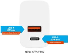 FIXED síťová nabíječka, USB-A, USB-C, PD & QC, 20W, bílá