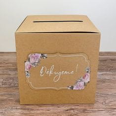 MojeParty SVATEBNÍ BOX na přání přírodní s květinovým dekorem a nápisem Děkujeme 24x24x24cm