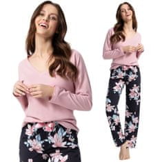 Luna Dámské pyžamo LUNA 614 pudrově růžové / tmavě modré kalhoty s květy magnólie 4XL