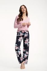 Luna Dámské pyžamo LUNA 614 pudrově růžové / tmavě modré kalhoty s květy magnólie 4XL