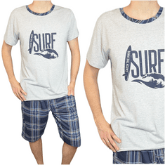 LA PENNA Pánské pyžamo světle šedé krátký rukáv surf XL