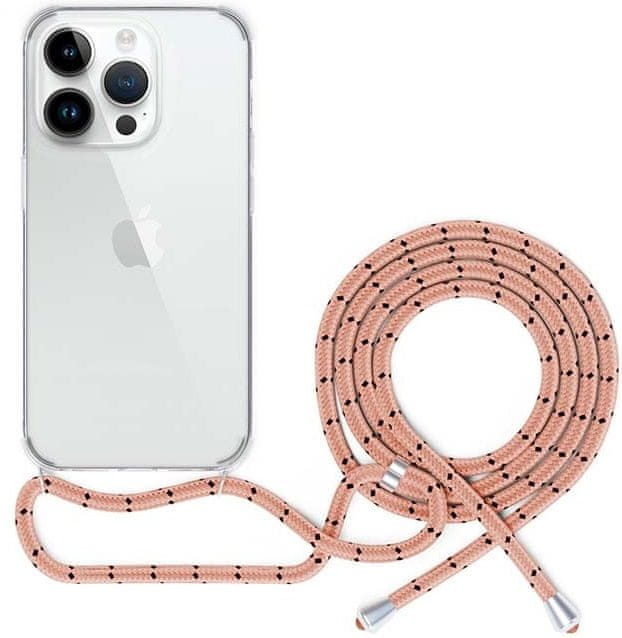 Levně Spello Ochranný kryt se šňůrkou Crossbody iPhone 15 Pro, transparentní/růžová šňůrka