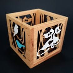 AMADEA Dřevěný svícen krychle s motivem ptáčků a koček, barevný, masivní dřevo, 10x10x10 cm