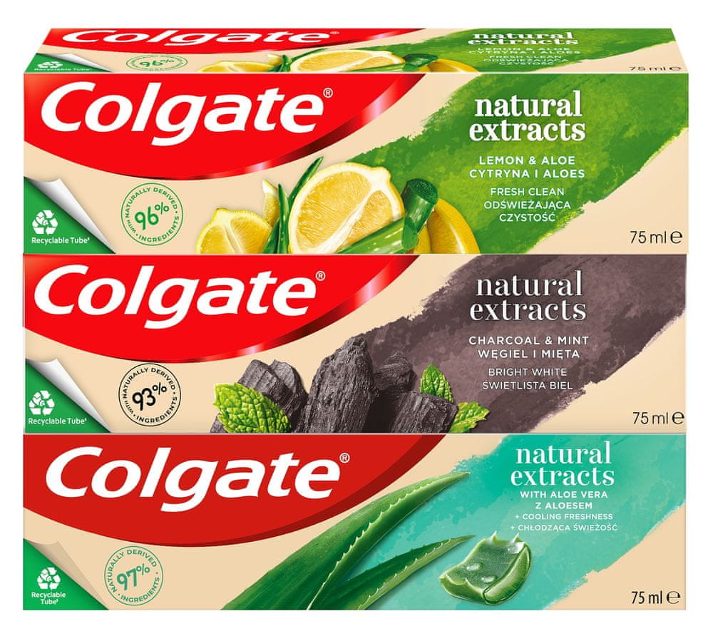 Colgate Natural Extracts Aloe Vera, Charcoal & Mint, Lemon & Aloe zubní pasta 3 x 75 ml
