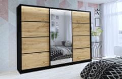 Nejlevnější nábytek Šatní skříň HARAZIA 250 se zrcadlem, 4 šuplíky a 2 šatními tyčemi, černý mat/dub wotan