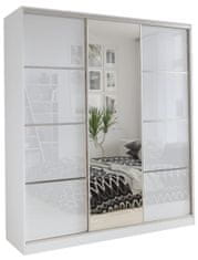 Nejlevnější nábytek Šatní skříň LITOLARIS 180 se zrcadlem, 4 šuplíky a 2 šatními tyčemi, bílý lesk